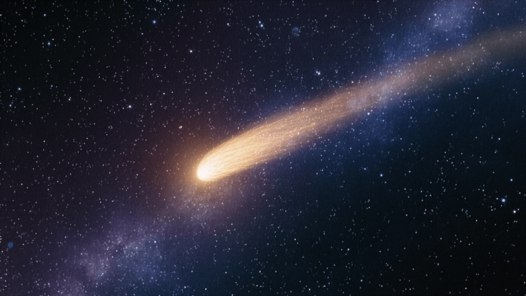 Illustrazione della cometa interstellare 3I/ATLAS con una lunga coda luminosa che attraversa lo spazio profondo