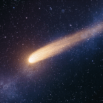 Illustrazione della cometa interstellare 3I/ATLAS con una lunga coda luminosa che attraversa lo spazio profondo