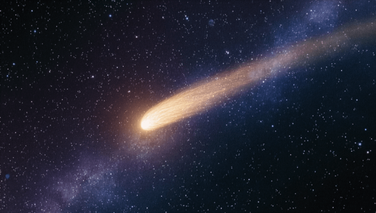 Illustrazione della cometa interstellare 3I/ATLAS con una lunga coda luminosa che attraversa lo spazio profondo