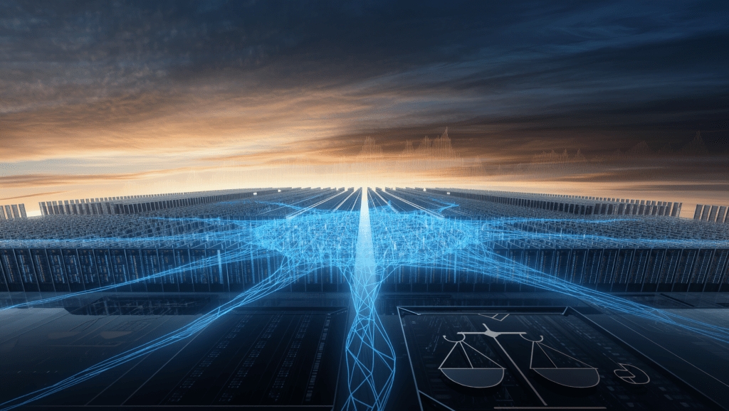 Illustrazione digitale astratta di una rete neurale che si fonde con un data center, a rappresentare l'intelligenza artificiale nel 2026