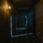 Illustrazione di un corridoio buio di una vecchia casa con una figura ombra indistinta, a rappresentare i fenomeni scientificamente spiegabili delle case infestate