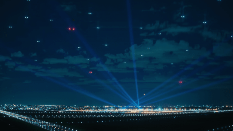 Illustrazione notturna di droni non identificati sopra un aeroporto europeo con fasci di riflettori nel cielo