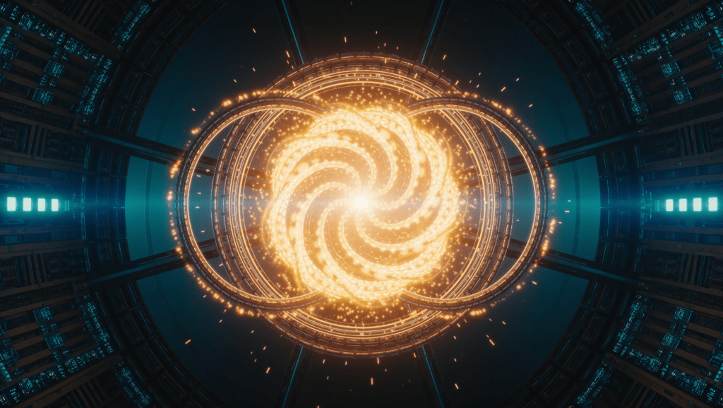 Illustrazione di un plasma incandescente contenuto da anelli magnetici in un reattore a fusione nucleare