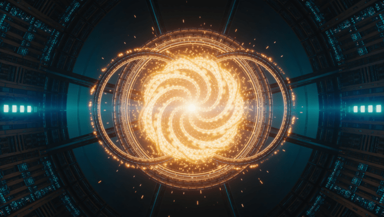 Illustrazione di un plasma incandescente contenuto da anelli magnetici in un reattore a fusione nucleare