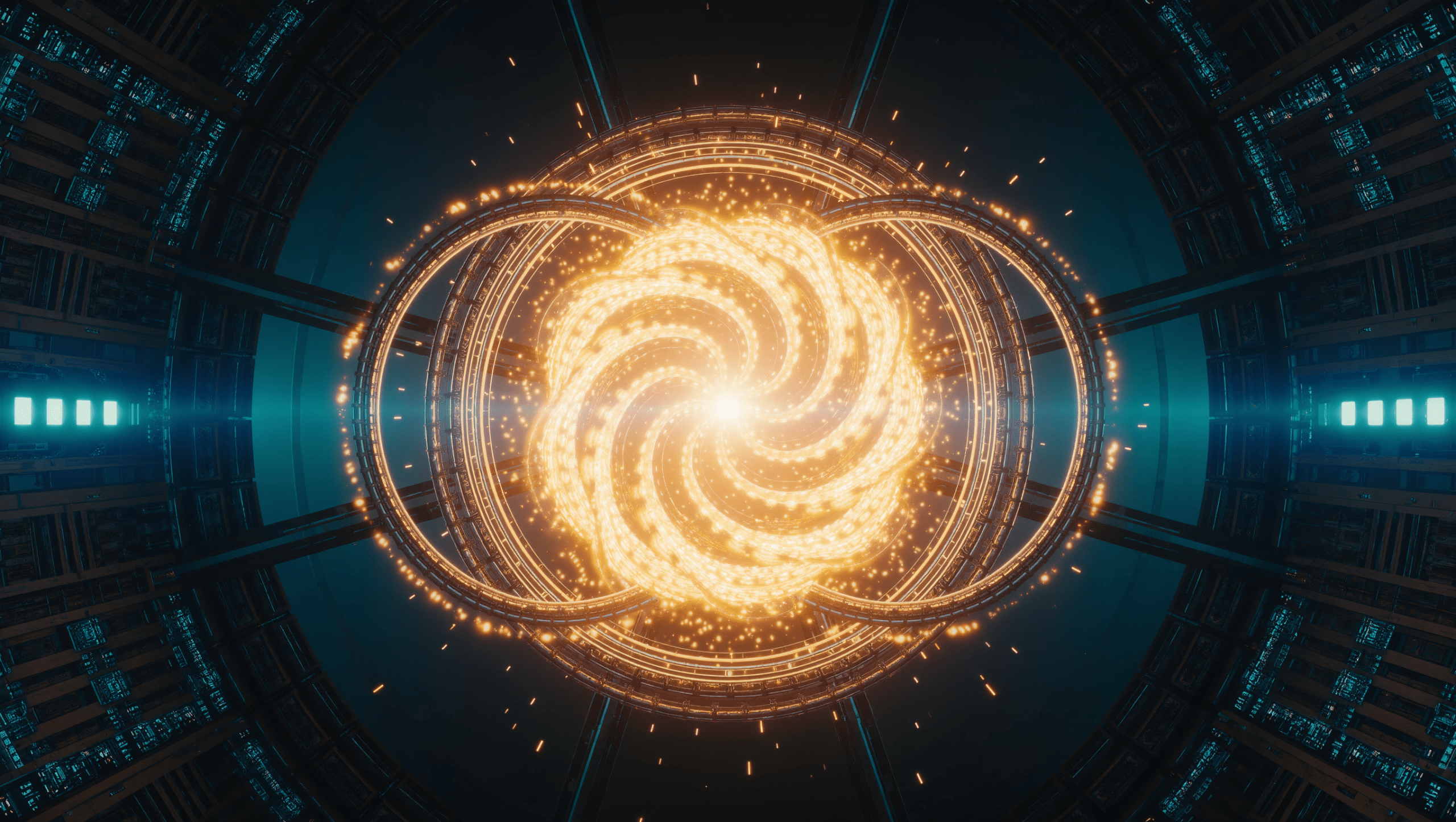 Illustrazione di un plasma incandescente contenuto da anelli magnetici in un reattore a fusione nucleare