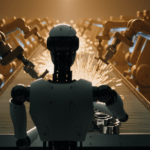Illustrazione di un robot umanoide che lavora su una linea di assemblaggio industriale