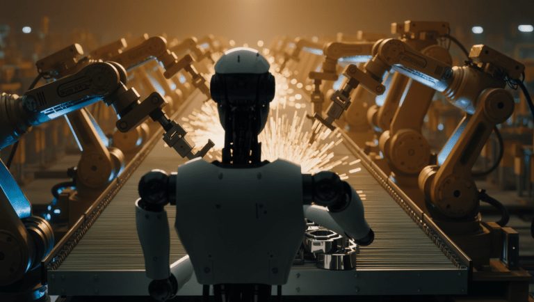Illustrazione di un robot umanoide che lavora su una linea di assemblaggio industriale