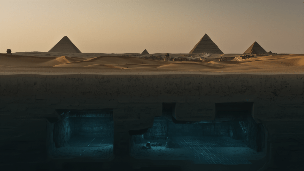 Illustrazione della Sfinge e delle piramidi di Giza con una struttura sotterranea fantasma illuminata da una griglia radar, a rappresentare la controversa scoperta