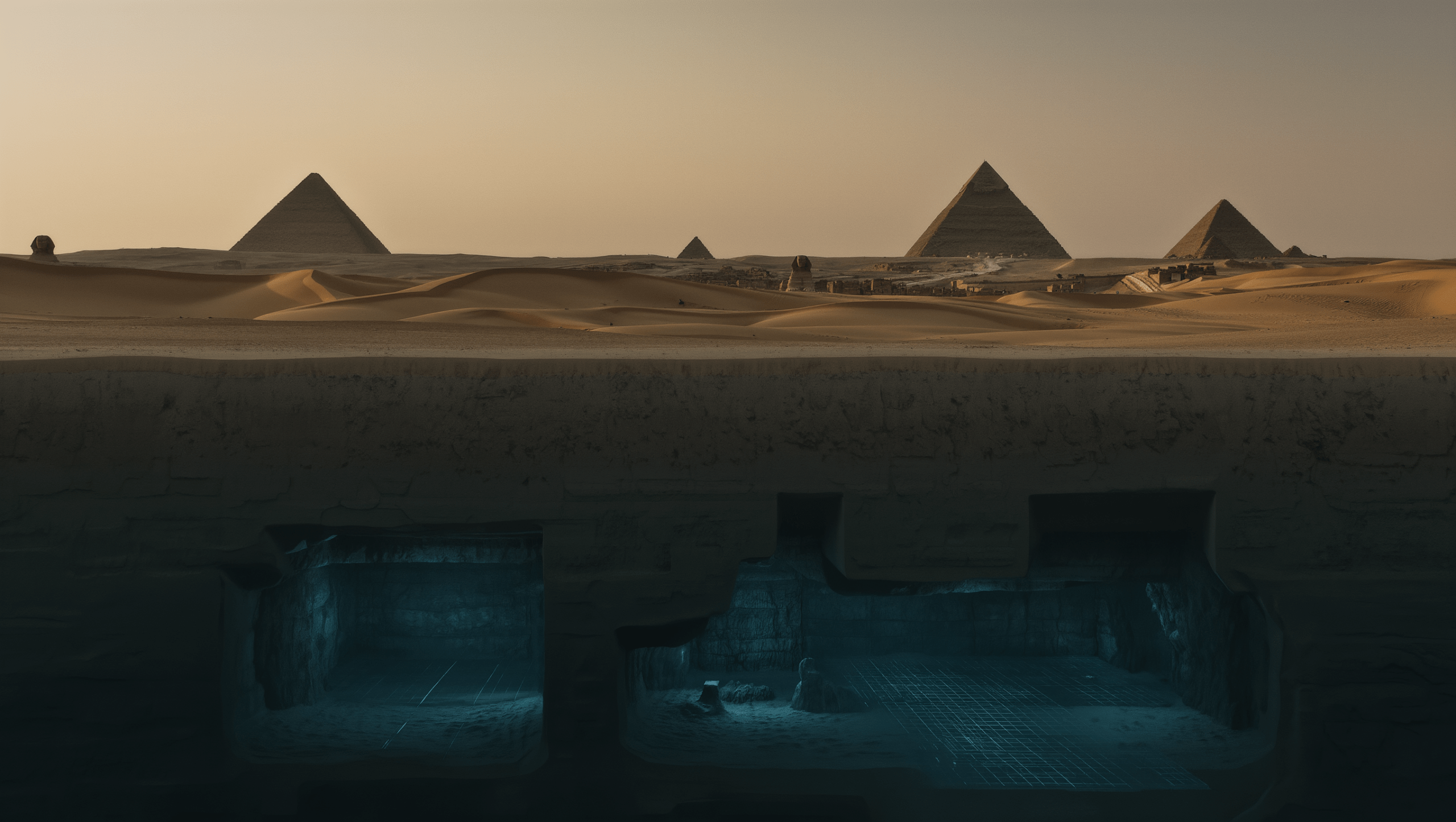 Illustrazione della Sfinge e delle piramidi di Giza con una struttura sotterranea fantasma illuminata da una griglia radar, a rappresentare la controversa scoperta