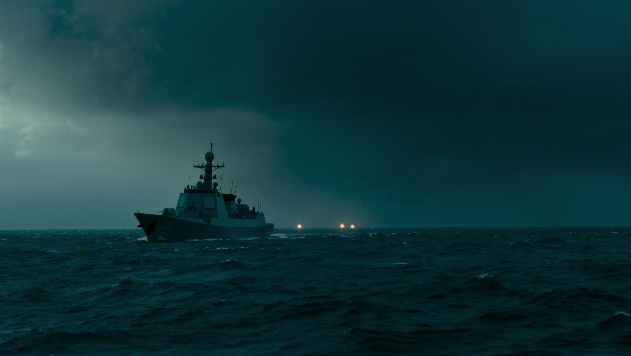 Illustrazione atmosferica notturna di una nave militare al largo della costa con luci misteriose sospese sull'oceano, a rappresentare il caso UAP indagato dal Pentagono