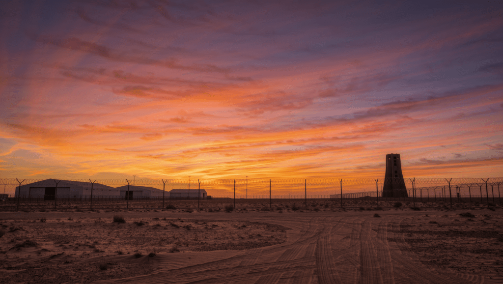 Base militare remota nel deserto con torre misteriosa all'orizzonte
