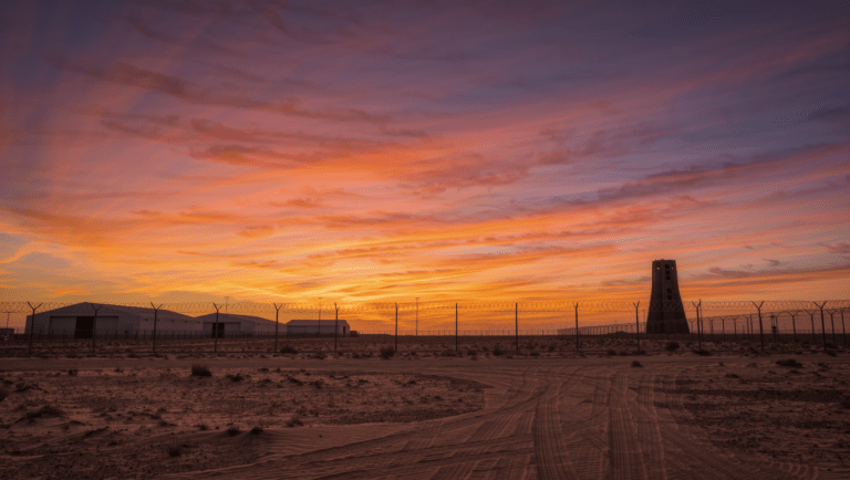 Base militare remota nel deserto con torre misteriosa all'orizzonte