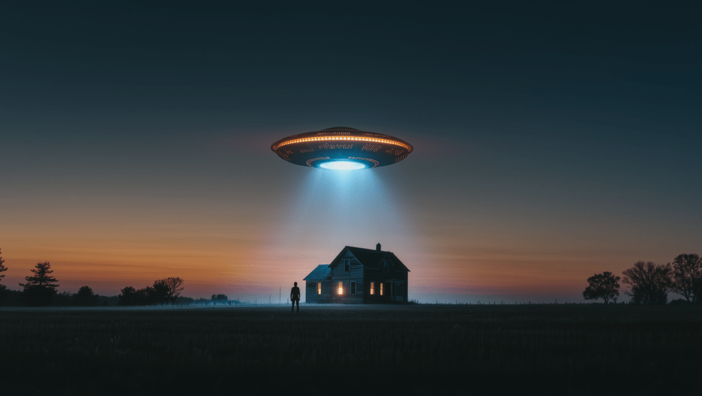 Illustrazione di un UFO che sorvola una fattoria al tramonto