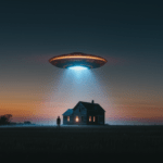 Illustrazione di un UFO che sorvola una fattoria al tramonto