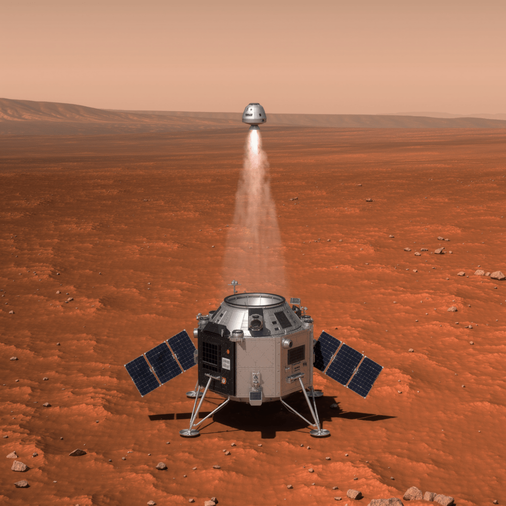Sonda robotica su Marte che lancia una capsula verso l'orbita