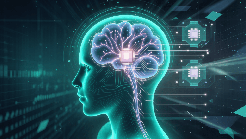 Illustrazione astratta di un profilo umano con percorsi neurali luminosi e un microchip impiantato, a rappresentare le interfacce cervello-computer di Neuralink