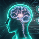Illustrazione astratta di un profilo umano con percorsi neurali luminosi e un microchip impiantato, a rappresentare le interfacce cervello-computer di Neuralink