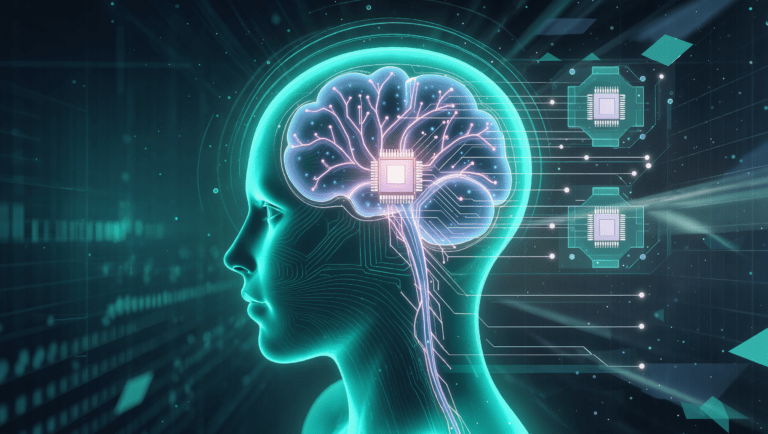Illustrazione astratta di un profilo umano con percorsi neurali luminosi e un microchip impiantato, a rappresentare le interfacce cervello-computer di Neuralink