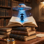 Libri con silhouette UFO che si alza dalle pagine