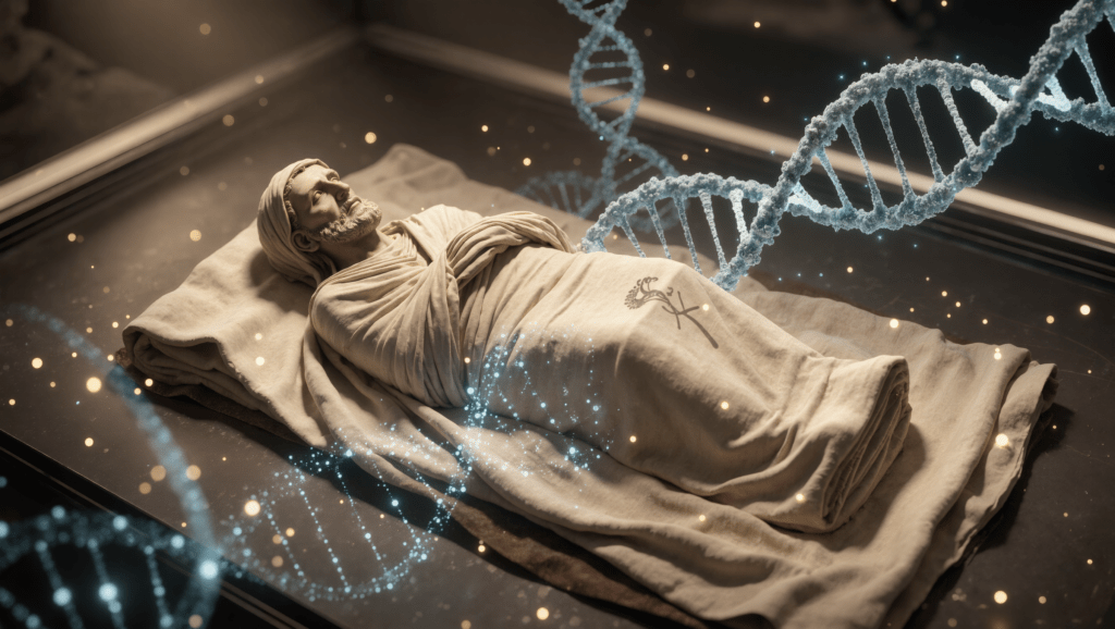 Illustrazione di un antico telo di lino ripiegato sotto una luce museale drammatica con sovrapposizioni scientifiche astratte, a rappresentare le analisi scientifiche sulla Sacra Sindone