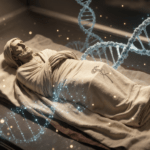 Illustrazione di un antico telo di lino ripiegato sotto una luce museale drammatica con sovrapposizioni scientifiche astratte, a rappresentare le analisi scientifiche sulla Sacra Sindone