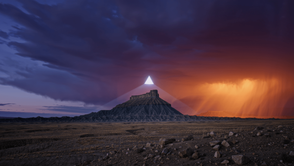 Ranch nel deserto dello Utah con una luce misteriosa triangolare sopra la mesa