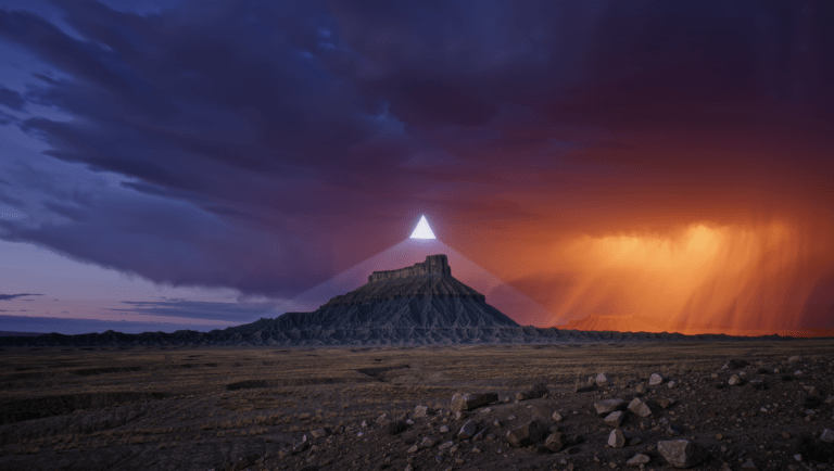 Ranch nel deserto dello Utah con una luce misteriosa triangolare sopra la mesa