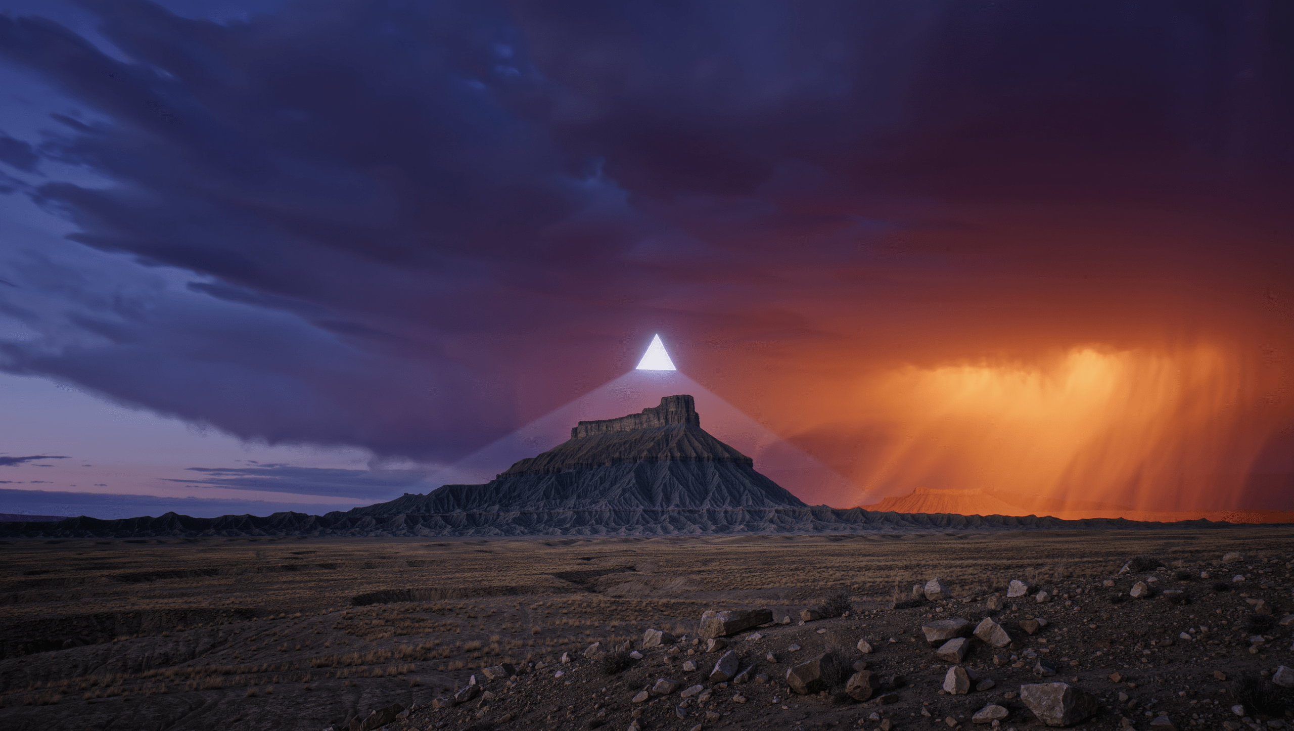 Ranch nel deserto dello Utah con una luce misteriosa triangolare sopra la mesa