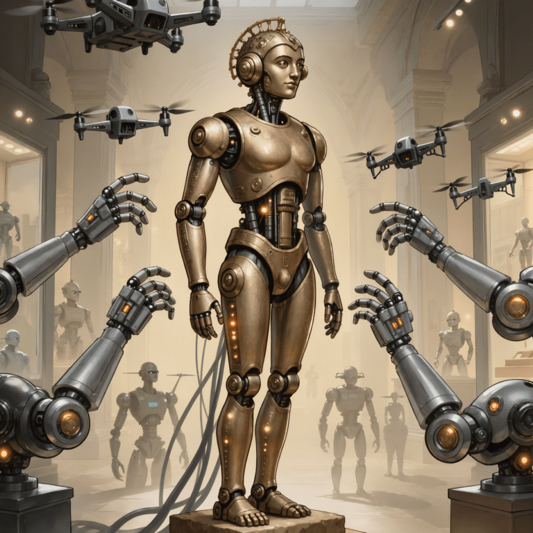 Statua di automa antico in bronzo con elementi robotici moderni