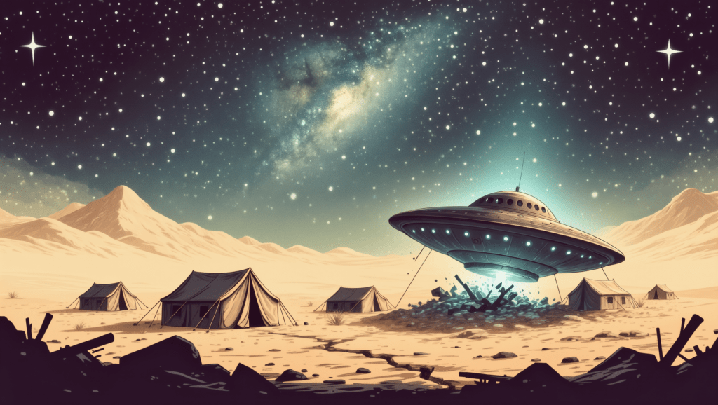 Illustrazione retro di un sito di schianto UFO nel deserto, in stile anni '40