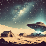 Illustrazione retro di un sito di schianto UFO nel deserto, in stile anni '40