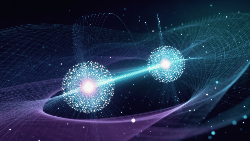 Illustrazione di due particelle di luce entangled collegate da un filo luminoso nello spazio, a rappresentare il teletrasporto quantistico