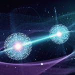 Illustrazione di due particelle di luce entangled collegate da un filo luminoso nello spazio, a rappresentare il teletrasporto quantistico