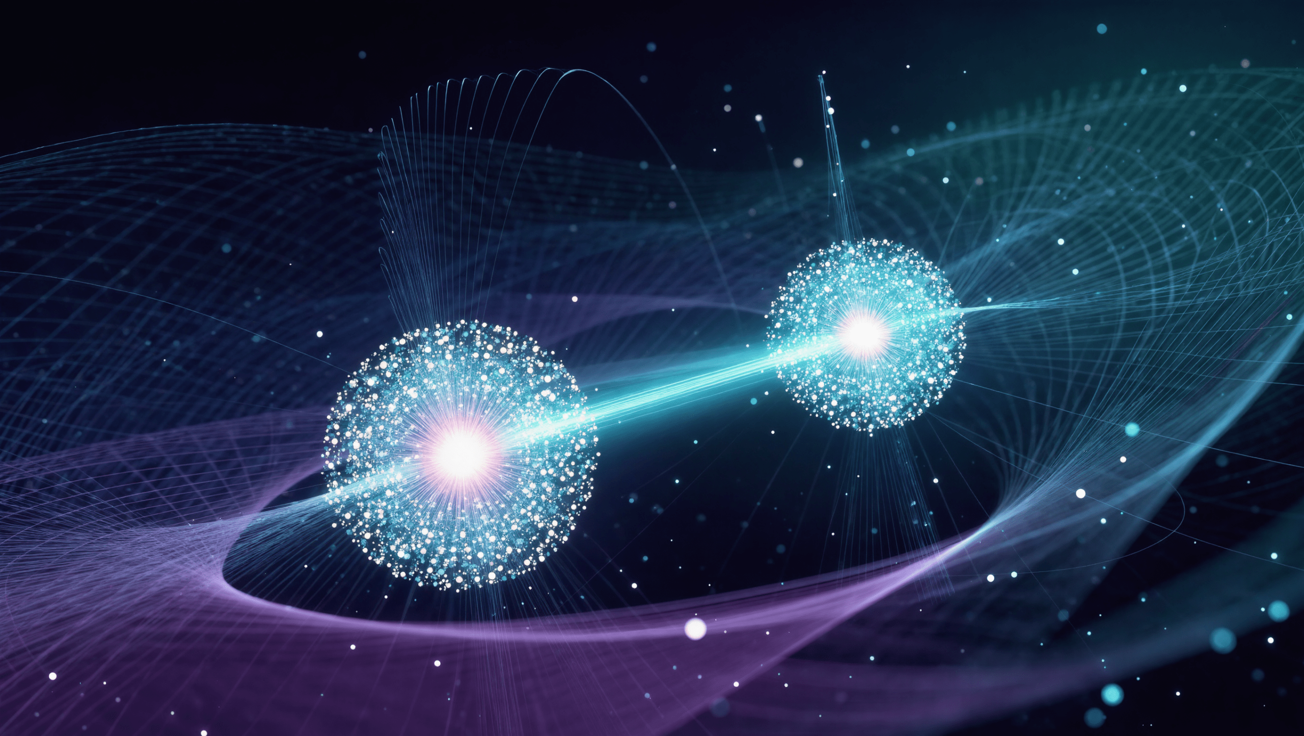 Illustrazione di due particelle di luce entangled collegate da un filo luminoso nello spazio, a rappresentare il teletrasporto quantistico
