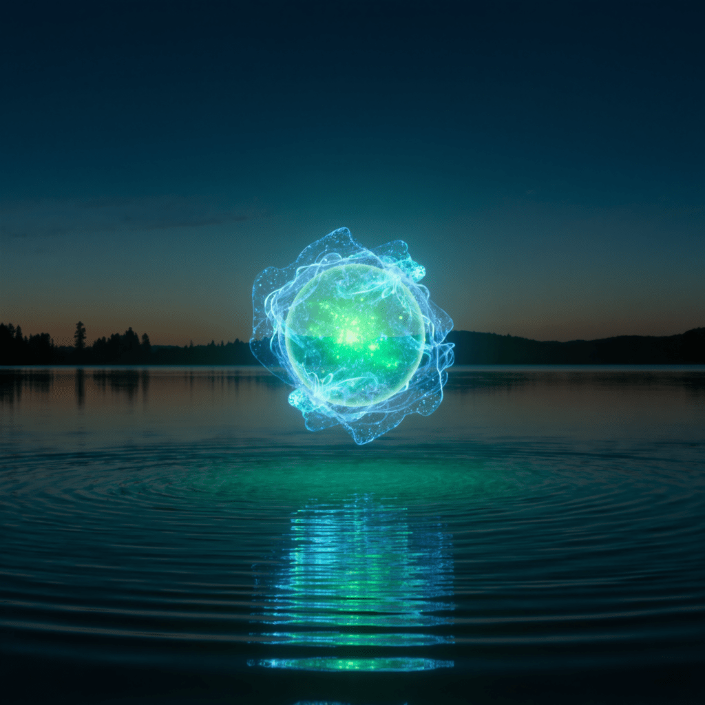 Sfera di energia plasmoide sopra un lago al tramonto