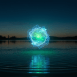 Sfera di energia plasmoide sopra un lago al tramonto