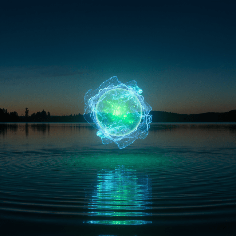Sfera di energia plasmoide sopra un lago al tramonto