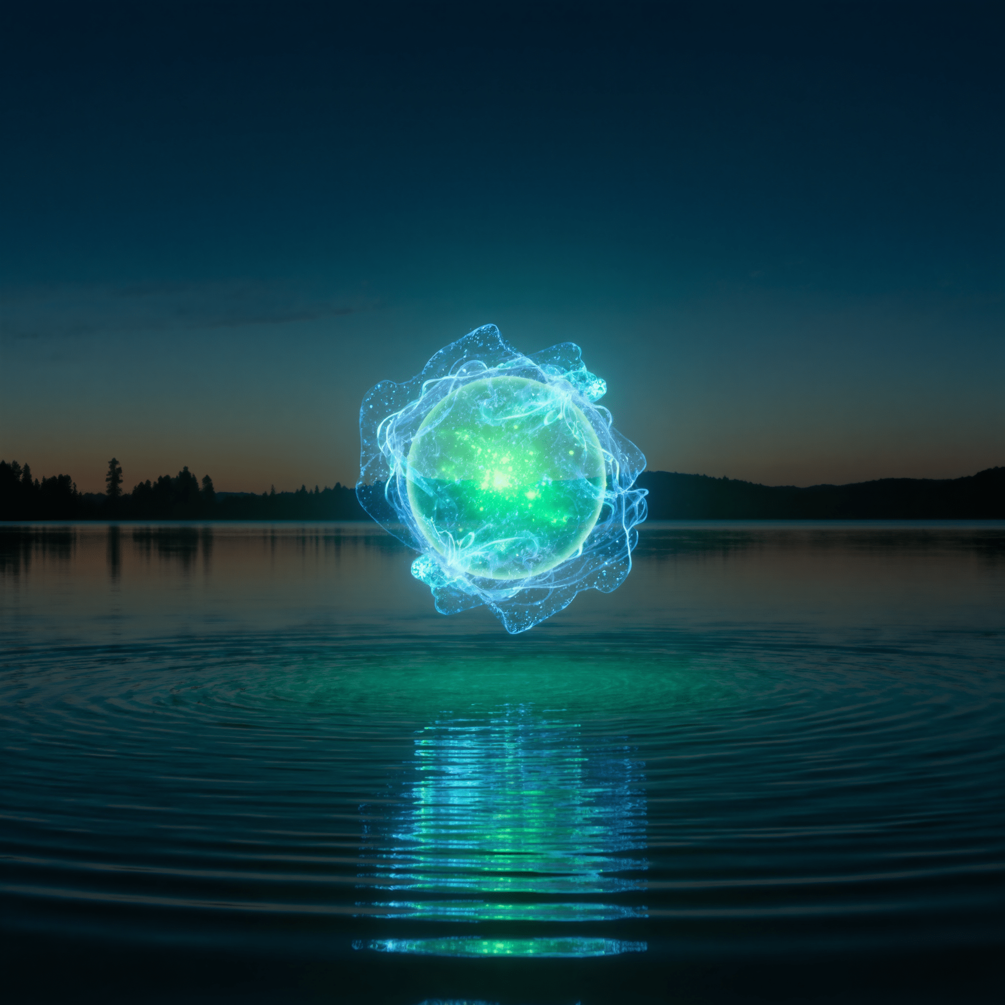 Sfera di energia plasmoide sopra un lago al tramonto