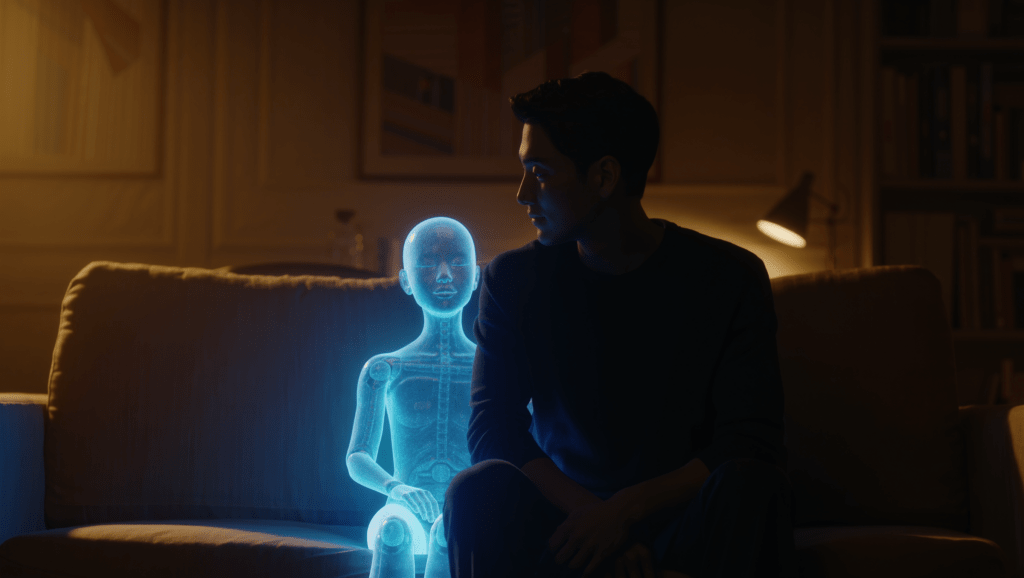 Figura luminosa di IA seduta accanto a una persona in un salotto