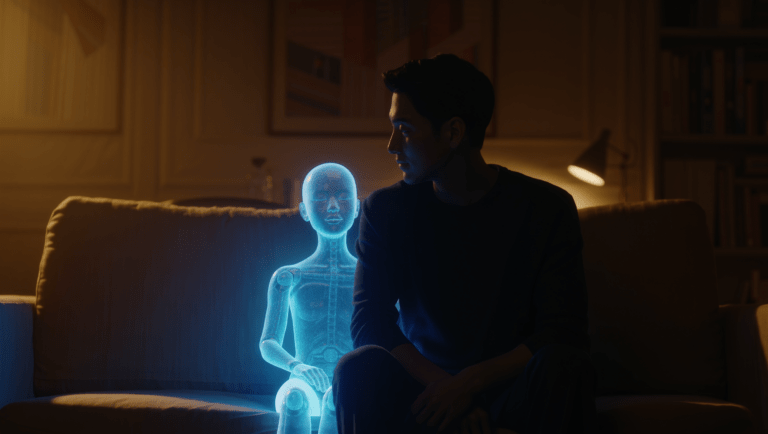 Figura luminosa di IA seduta accanto a una persona in un salotto