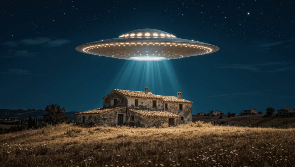 Campagna italiana anni '70 con UFO luminoso sopra case coloniche