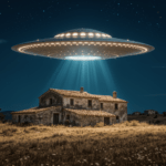 Campagna italiana anni '70 con UFO luminoso sopra case coloniche