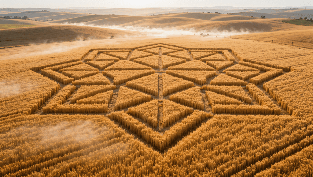 Cerchio nel grano geometrico visto dall'alto all'alba