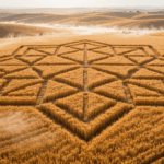Cerchio nel grano geometrico visto dall'alto all'alba