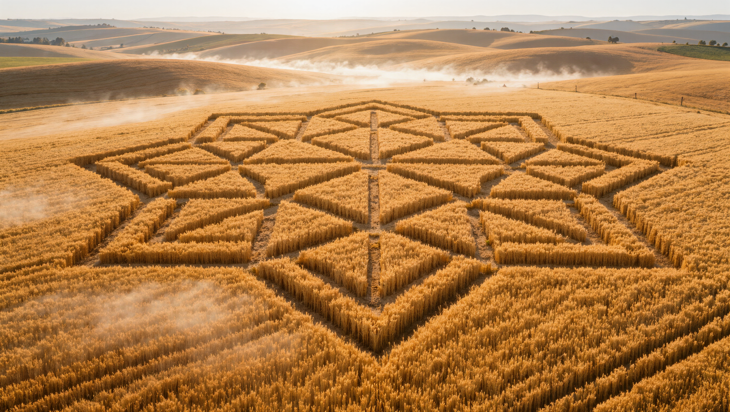 Cerchio nel grano geometrico visto dall'alto all'alba