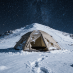 Tenda squarciata abbandonata su un pendio innevato di notte