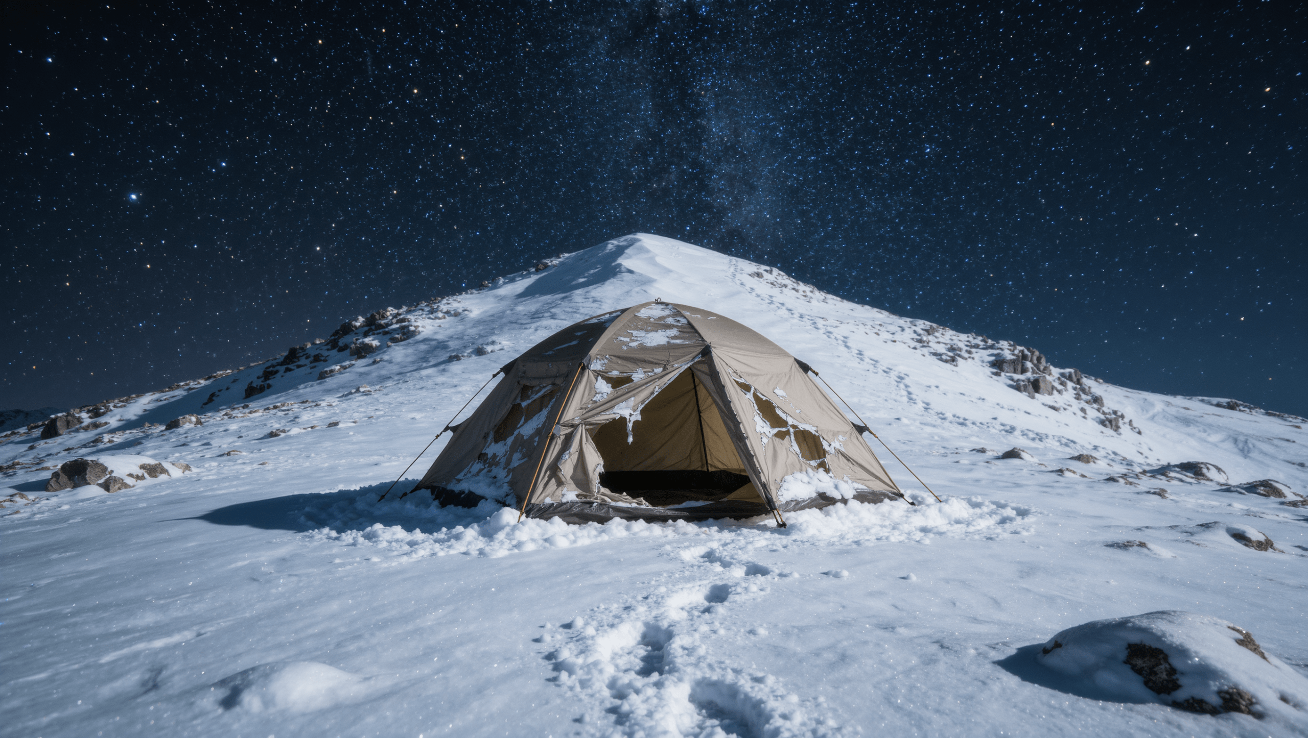 Tenda squarciata abbandonata su un pendio innevato di notte