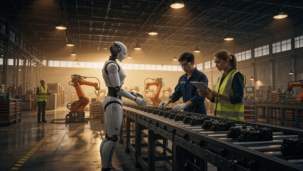 Robot umanoide che lavora accanto agli umani in fabbrica