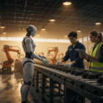 Robot umanoide che lavora accanto agli umani in fabbrica