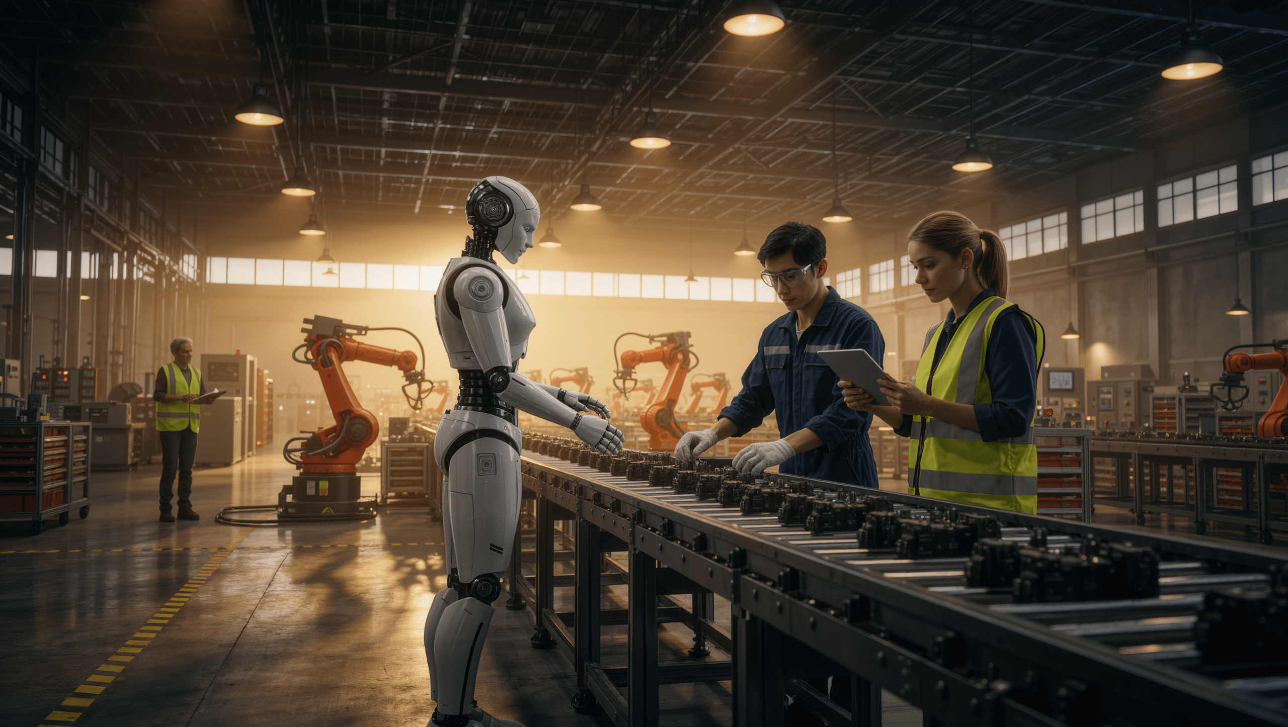 Robot umanoide che lavora accanto agli umani in fabbrica